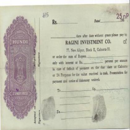 RAGINI INVESTMENT 25 PAISE HUNDI CALCUTTA NO 15