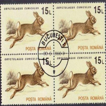 ROMANIA 15L RABBIT THEME BLOCK OF 4 STAMPS