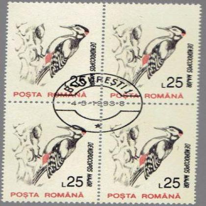 ROMANIA 25L DENDROCOPOS MAJOR BIRD THEME BLOCK OF 4 STAMPS