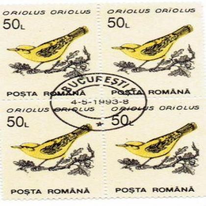 ROMANIA 50L ORIOLUS BIRD THEME BLOCK OF 4 STAMPS