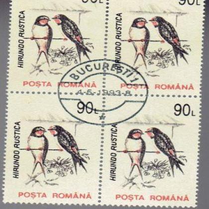 ROMANIA 90L HIRUNDO RUSTICA BIRD THEME BLOCK OF 4 STAMPS