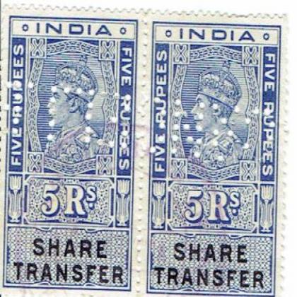SET OF 2  BRITISH INDIA KGVI 5Rs SHARE TRANSFER REVENUE STAMP TICKET