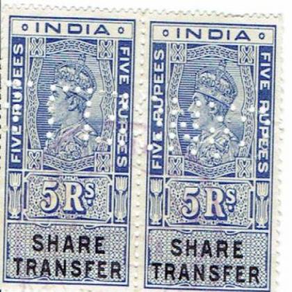 SET OF 2 BRITISH INDIA KGVI 5Rs SHARE TRANSFER REVENUE STAMP