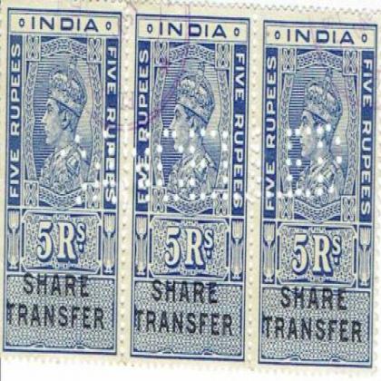 SET OF 3 BRITISH INDIA KGVI 5Rs SHARE TRANSFER REVENUE STAMP TICKET